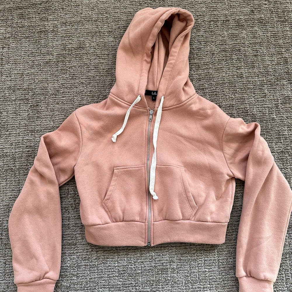 Lulu’s Fleece Blush Light Pink Cropped Hoodie- Small